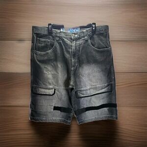 AK. Cess Baggy Y2k Baggy Black Fade/ Distress Jorts Cargo Jean Shorts Mens 36.